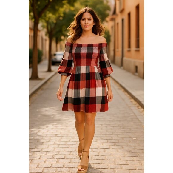 205 Collins Red Plaid Smocked Off Shoulder Flare Mini Dress Cottagecore Westernn - Picture 8 of 12